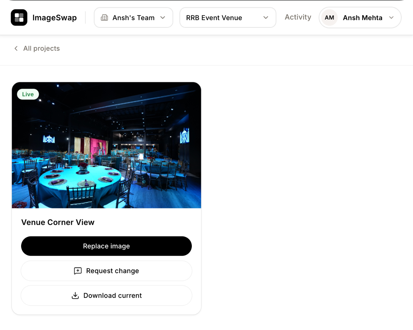 ImageSwap client portal — venue image with replace, request change, and download