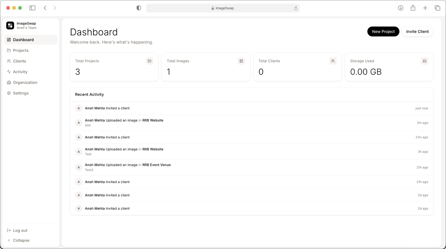 ImageSwap dashboard — projects, metrics, and activity