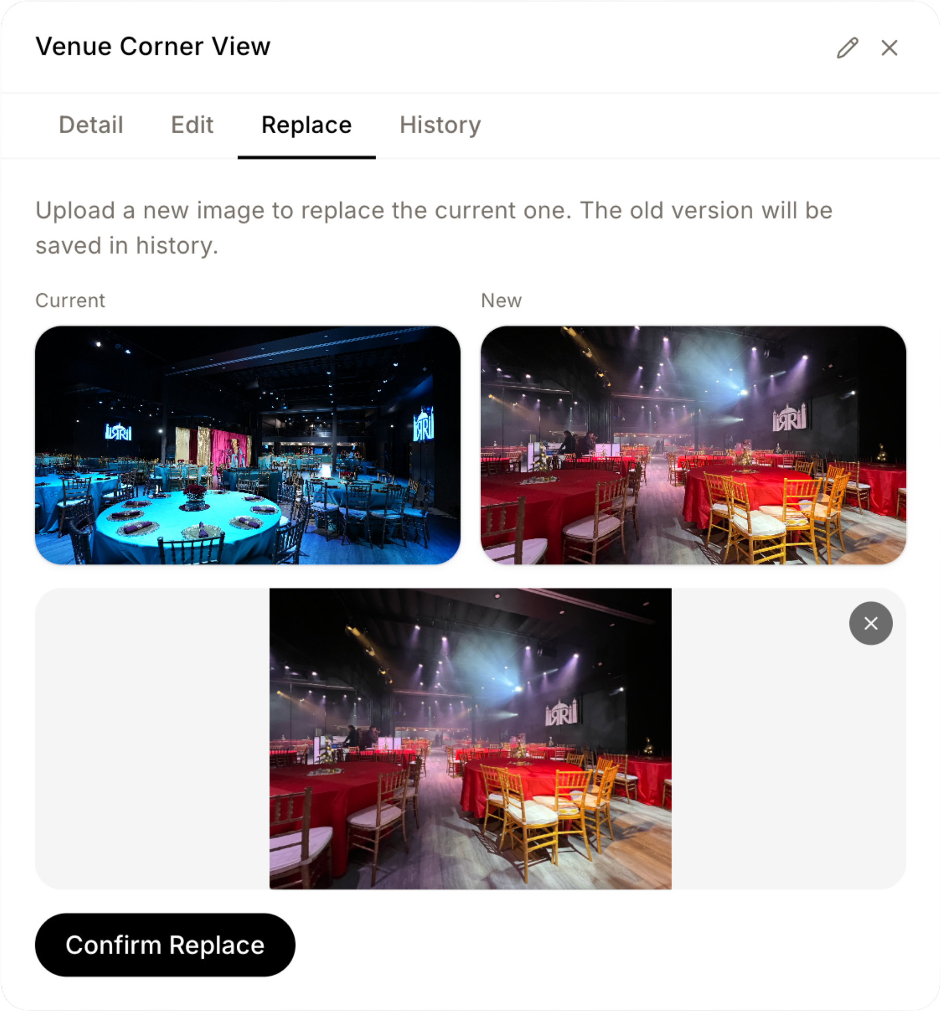 ImageSwap replace image — current vs new preview and confirm replace
